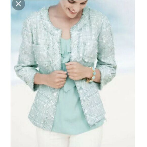 Lafayette 148 NY Reagan tweed button aqua green  blazer jacket size 2 - Picture 1 of 7